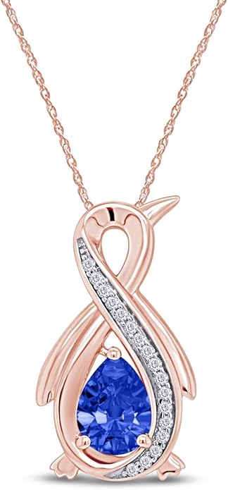 Infinity Penguin Pendant Necklace for Women, 14K Gold Over Sterling Silver with Pear & Round Cut Simulated Birthstone & White Diamond Accents, Dainty Animal Jewelry Gift with 18" Chain
