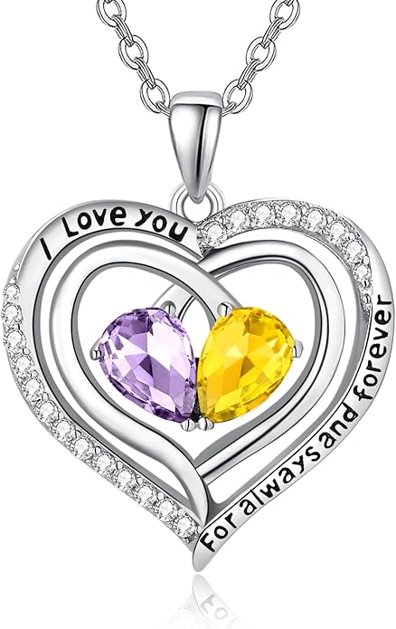 Zeuslia Double Birthstone Necklace Gifts for Wife - 925 Sterling Silver Sunflower/Rose/Crown Cross/Compass/Heart Pendant I Love You Necklace, Anniversary Birthday Gifts for Wife Girlfriend Mom Her