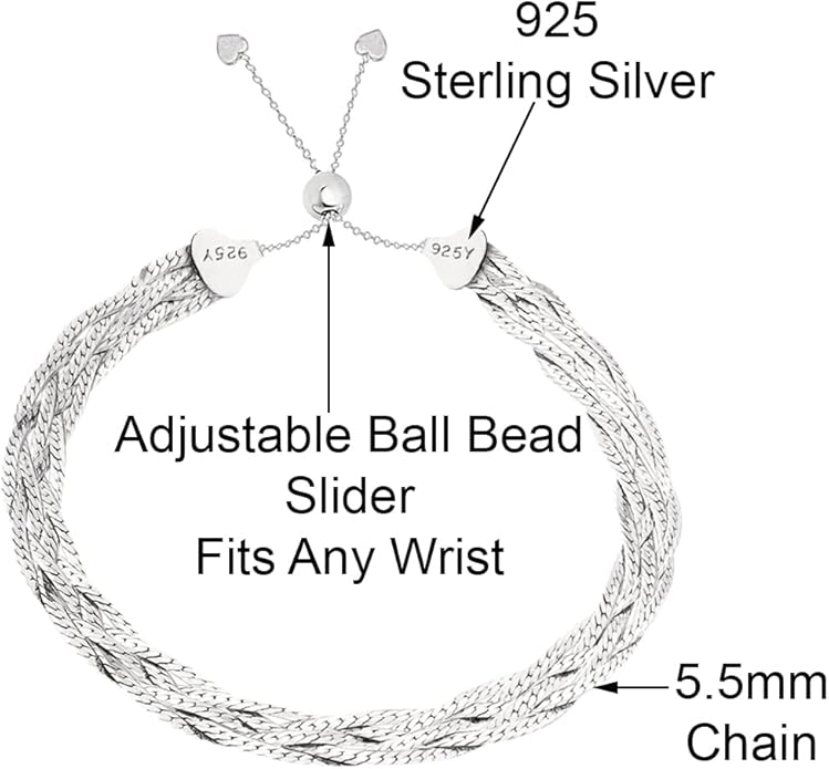 Savlano 925 Sterling Silver Braided Herringbone Chain Adjustable Bolo Slider Bracelet – 18K Gold Plated Over Silver Bracelet for Women - Made In Italy Comes with a Gift Box