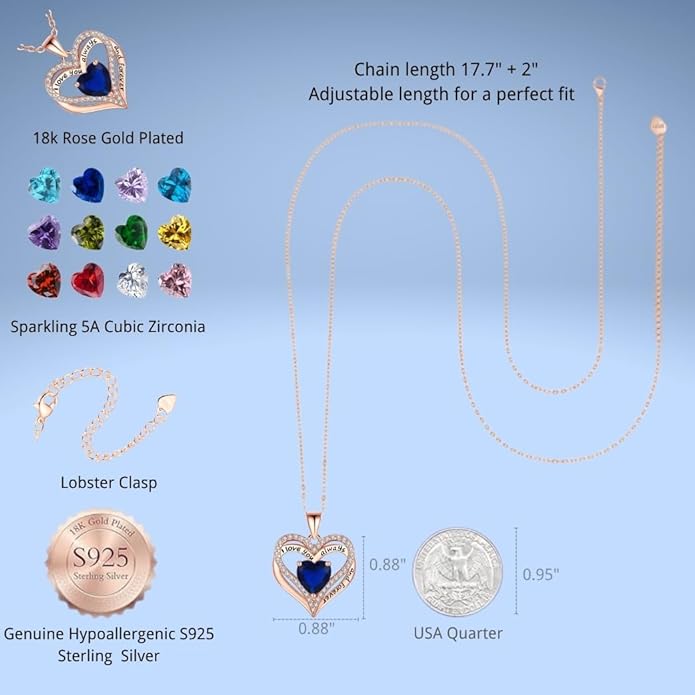 Birthstone Heart Necklace for Women Wife Girlfriend Mom Daughter Gifts S925 Silver Jewelry For Anniversary Rose Gold Gifts For Birthday Christmas Mothers Valentines Day