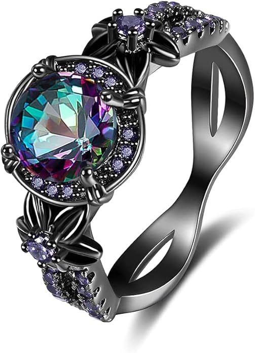 Gothic Black Rings for Women, Mystic Rainbow Topaz with Created Amethyst Flower Goth Black Gold Wedding Engagement Ring Size 6 to 11