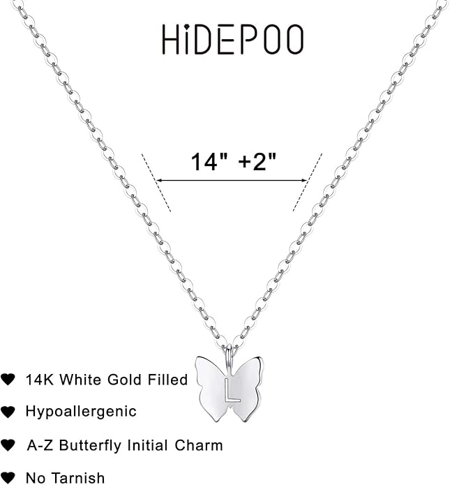 Hidepoo Initial Butterfly Necklace for Girls Gifts, 14K Gold/Silver/Rose Gold Filled Dainty Butterfly Pendant Choker Necklace Initial Butterfly Necklace Birthday Gifts for Girls