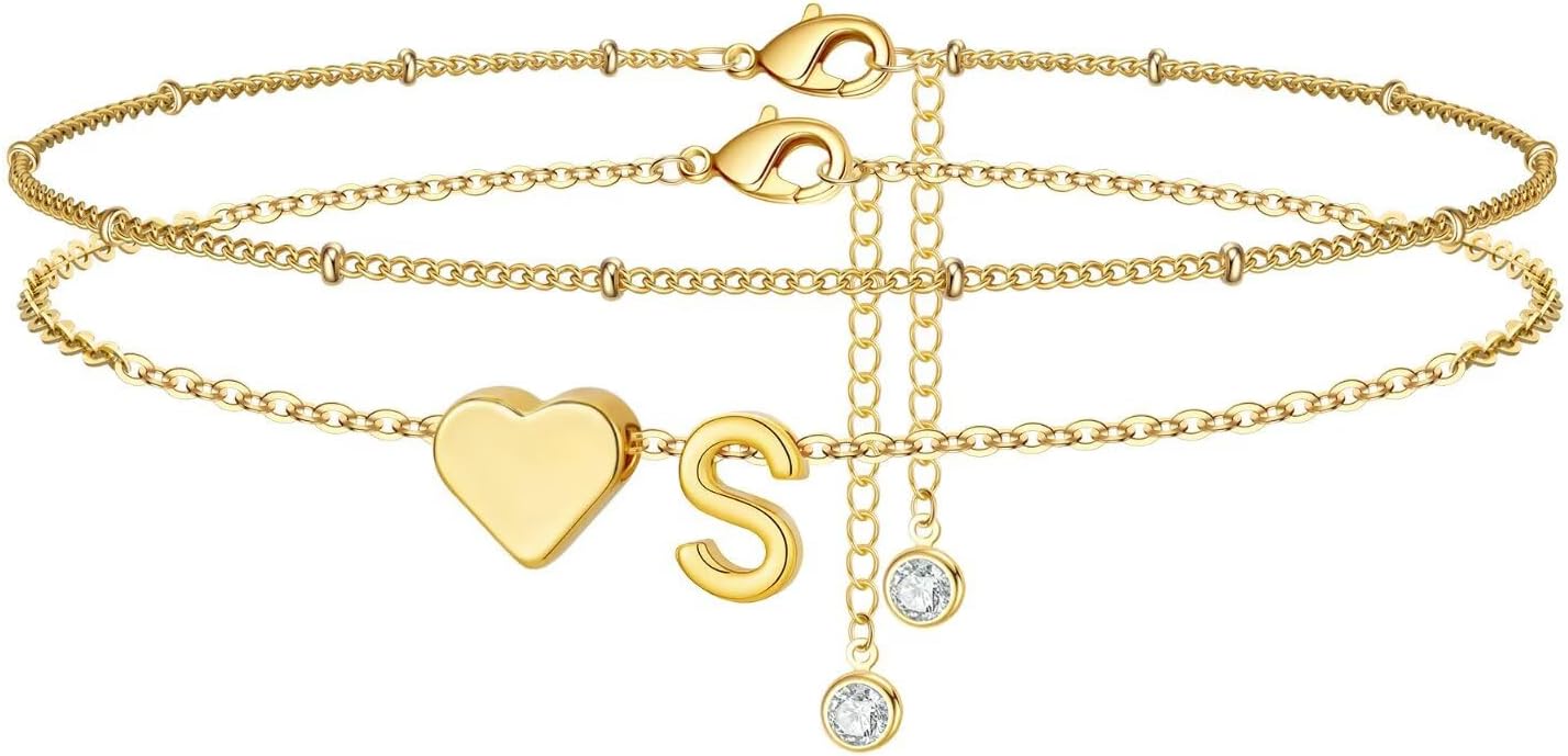 M MOOHAM Gold Initial Ankle Bracelets for Women - Layered Heart Letter A-Z Initial Dainty Gold Anklets for Women Waterproof, Womens Anklets Jewelry Birthday Gifts Jewelry