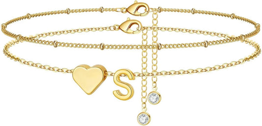 M MOOHAM Gold Initial Ankle Bracelets for Women - Layered Heart Letter A-Z Initial Dainty Gold Anklets for Women Waterproof, Womens Anklets Jewelry Birthday Gifts Jewelry