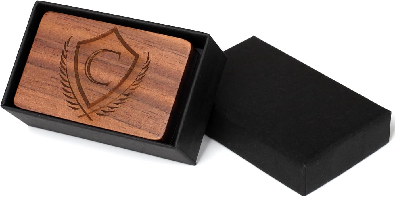 Mens Initial Cufflinks and Tie Clip A-Z Alphabet Letter Black Stainless Cuff Links Tie Bar with Engraved Walnut Wood Box Groom Groomsman Wedding Set