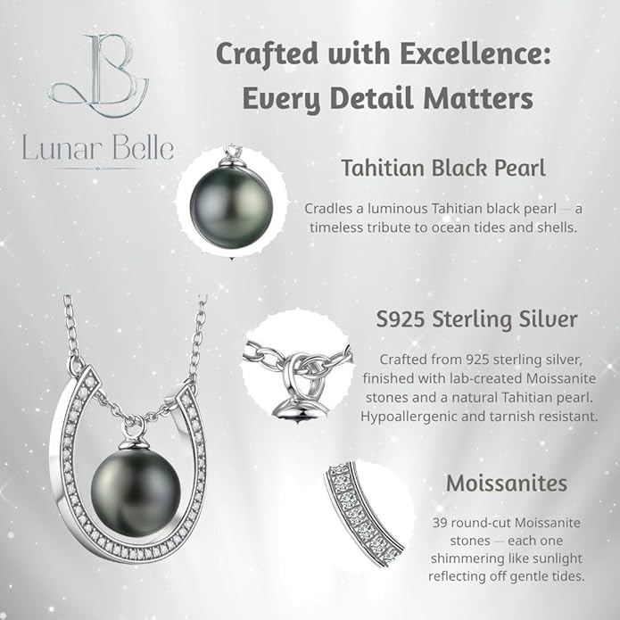 Lunar Belle Tahitian Black Pearl Necklace Pendant, Moissanite in 925 Sterling Silver, Luxury Jewelry Gift for Women Mother Christmas Anniversary (Ocean Halo)