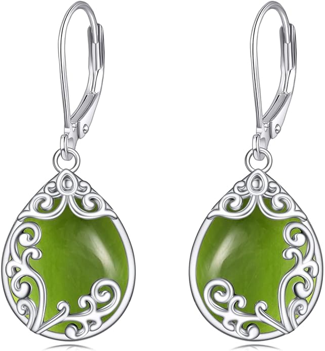 Filigree Earrings Sterling Silver Teardrop Moonstone Moss Agate Lapis Lazuli Larimar Emerald Peridot Opal Dangle Dangly Drop Leverback Earrings Boho Jewelry Gifts for Women