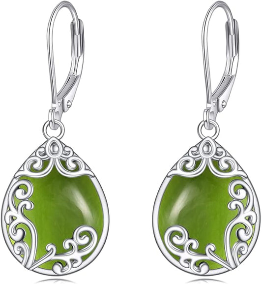 Filigree Earrings Sterling Silver Teardrop Moonstone Moss Agate Lapis Lazuli Larimar Emerald Peridot Opal Dangle Dangly Drop Leverback Earrings Boho Jewelry Gifts for Women