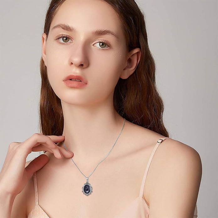 PELOVNY Rose Necklace 925 Sterling Silver Moonstone Turquoise Obsidian Necklace Victorian Cameo Rose Vintage Western Jewelry Christmas Valentines Day Gifts for Women
