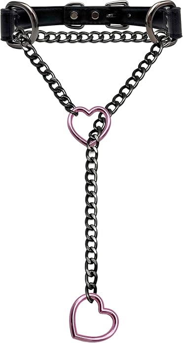 Black Leather Choker Collar For Women, Handmade Heart Slip Chain Choker Long Necklace with Adjustable Buckle