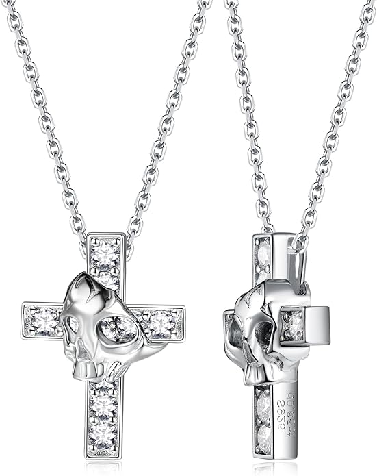 CYW Moissanite Skull Cross/Spider/Raven Necklace for Men Women, Intriguing Design, Really Authentic Solid 925 Sterling Silver with Rhodium Finish, 16"/18"/20" Adjustable, Halloween Jewelry