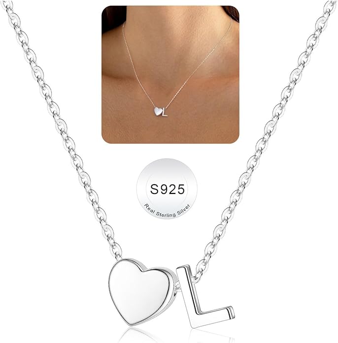 Turandoss Christmas Gifts for Grandkids, Dainty S925 Sterling Silver Heart Initial A-Z Necklace Trendy Silver Initial Jewelry Birthday Gifts for Girls Teen Girls