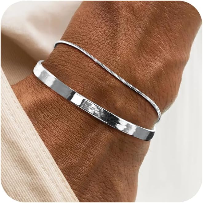 Moodear Stackable Bracelets for Men - Dainty 925 Sterling Silver/14K Gold Plated Cuff Snake Box Cuban Link Chain Bangle Bracelet Set Mens Jewelry