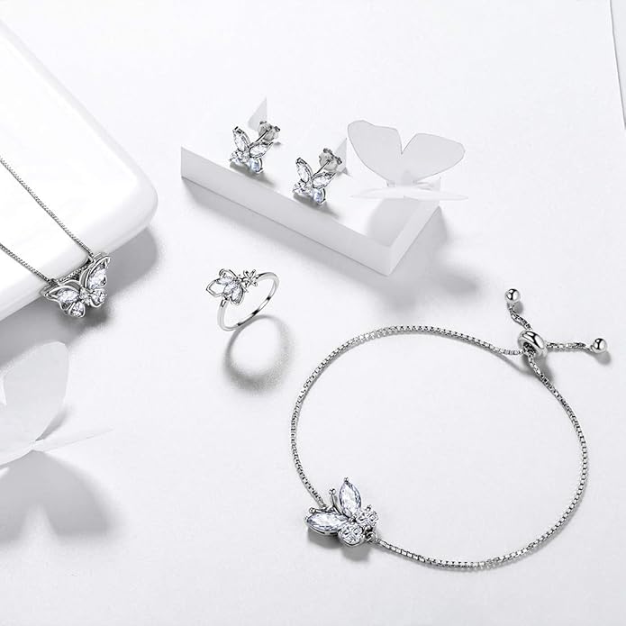 Aurora Tears Butterfly Jewelry,Women 925 Sterling Silver Butterflies Birthstone Pendant Necklace/Earrings/Rings Wedding Gift