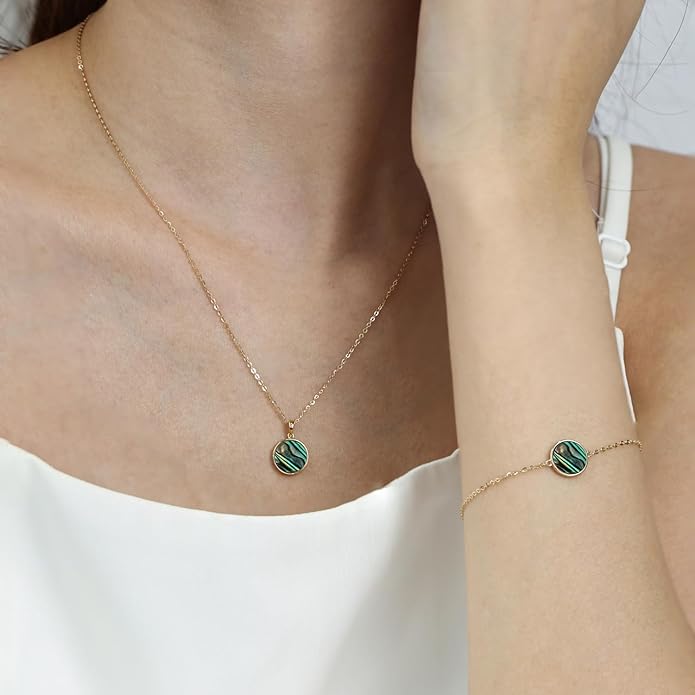 AGVANA Valentines Day Gifts 14K Solid Real Gold Coin Necklace Bracelet for Women Mother of Pearl/Abalone/Turquoise/Black Onyx/Opal Fine Jewelry Anniversary Birthday Gifts for Women Mom Wife Her