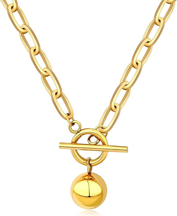 Chunky Gold Necklace for Women, 18K Waterproof Heart Necklace Statement Necklace Gold Charm Necklace Chunky Jewelry Paperclip Chain Choker Gift for Women