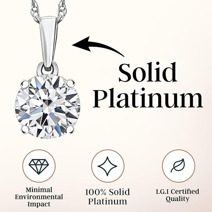 IGI Certified 0.5–4 Carat Lab Grown Diamond Solitaire Pendant Necklace (E-F Color VS Clarity) Solid 14K Gold / Platinum / Sterling Silver 20" Chain Anniversary Jewelry for Women Gifts