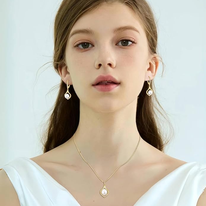 Pearl Jewelry Set for Women 18K Yellow-Plated Earrings & Necklace Silver Jewelry Gifts