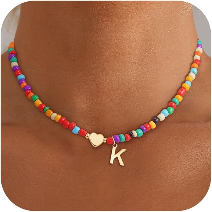 Colorful Initial Necklaces for Girls Women Kids - Teen Girls Gifts Trendy Stuff Beaded Initial Necklace Dainty Letter Choker Necklace for Girl Gifts Jewelry