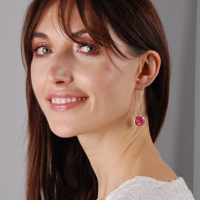 Simulated Druzy Threader Drop Earrings for Women - Gold, Silver, or Rose Gold Tone Trendy Boho Dangles with Sparkly Round Stone