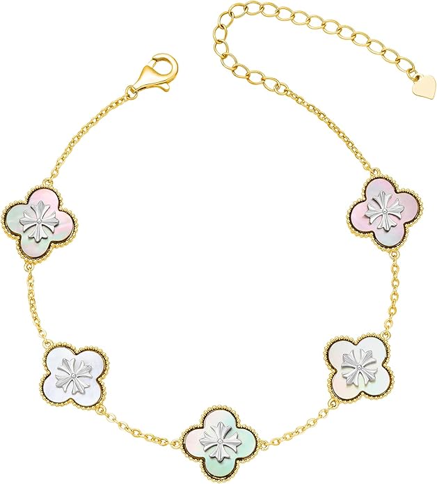 Fydesta 18K Gold Plated Clover Bracelet, Mother of Pearl Four Leaf Flower Bracelet for Women, 6.9" + 2" Adjustable Bracelet, Cross Motif, Gold or Silver Tone