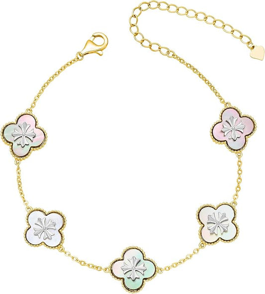 Fydesta 18K Gold Plated Clover Bracelet, Mother of Pearl Four Leaf Flower Bracelet for Women, 6.9" + 2" Adjustable Bracelet, Cross Motif, Gold or Silver Tone