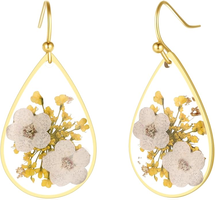 Forget-Me-Not and Queen Anne's Lace Pressed Wildflower Earrings | Pressed Flower Earrings | Handmade Drop and Dangle Earrings | Gift for Woman
