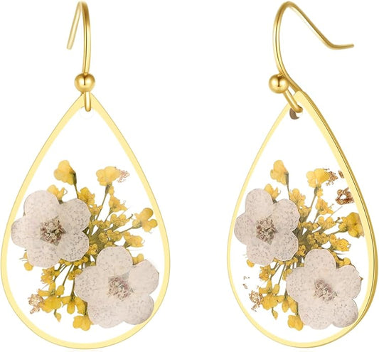 Forget-Me-Not and Queen Anne's Lace Pressed Wildflower Earrings | Pressed Flower Earrings | Handmade Drop and Dangle Earrings | Gift for Woman