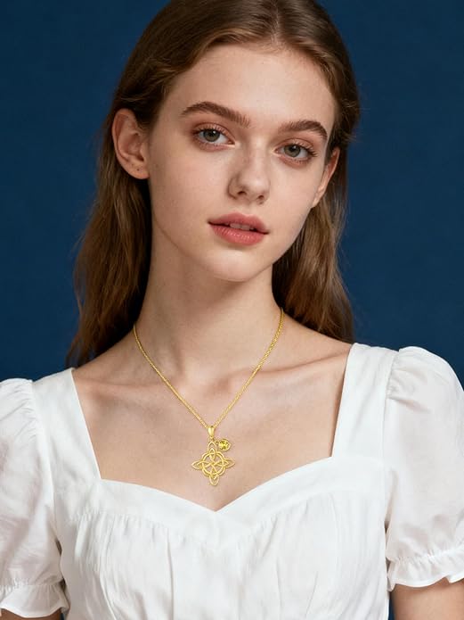 Witches Knot Necklace for Women, 14K Gold Celtic Knot Cross Jewelry with Triquetra Trinity with Birthstone Pendant, Birthday Witchy Spiritual Gifts for Her Wife Mom Grandma, 18+2 Inch Chain