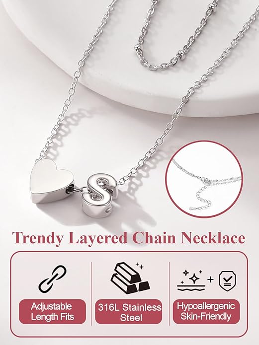 FOCALOOK Layered Initial Necklace for Women, 14K Gold Plated Choker Necklaces Stacks with Initial A-Z, Dainty Silver Heart Pendant Necklace Personalized Birthday Women Jewelry