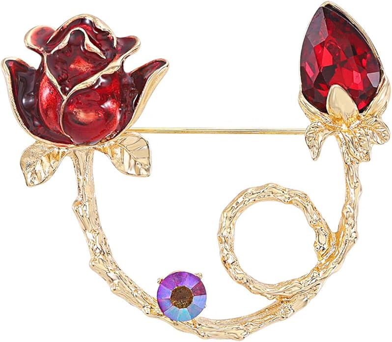 QLUYCKW Rose Flower Brooch Pin for Women Fashion Dainty Gold Plated 3D Red Roses Floral Crystal Brooch Pin Birthday Dress Suit Accessories Jewelry