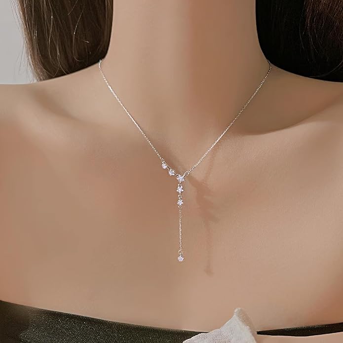 Irregular Y2k Long Y-shaped Necklace with Zircon Inlaid Sparkling Brick Tassel Pendant Double-Layer Chain High-end Fashion Accessory Women's