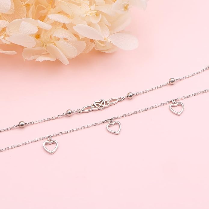 FLYOW Anklet for Women S925 Sterling Silver Adjustable Foot Beaded Heart Charm Ankle Bracelet Anklets Jewelry