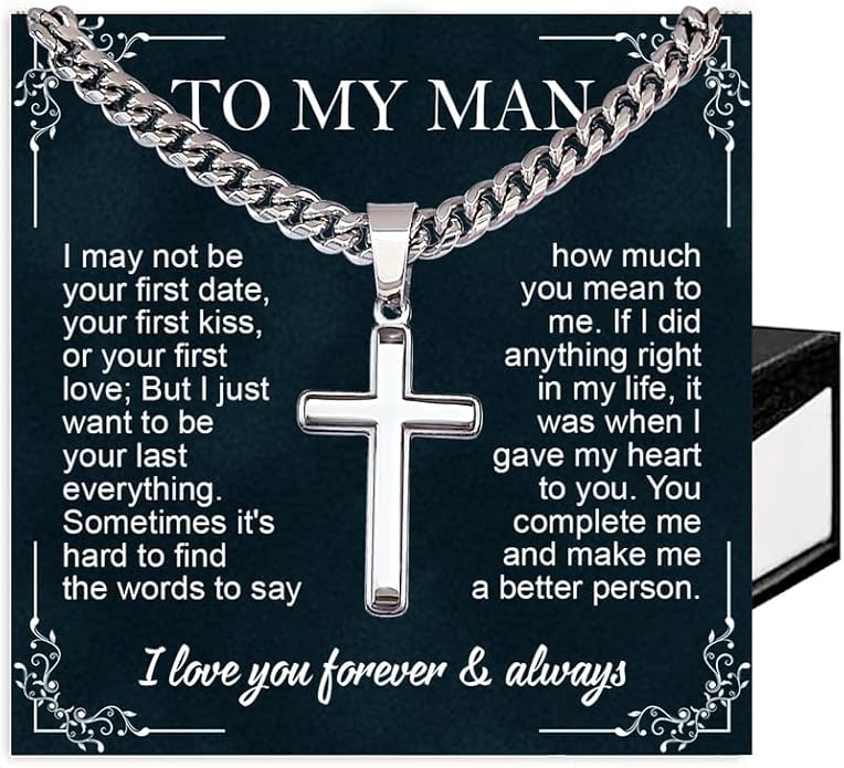 SUTERY Cross Cuban Chain Necklace - Promise Necklace for Him, Necklace for Boyfriend, Mens Necklace for Fiance, Valentine's Day