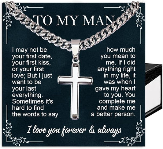 SUTERY Cross Cuban Chain Necklace - Promise Necklace for Him, Necklace for Boyfriend, Mens Necklace for Fiance, Valentine's Day