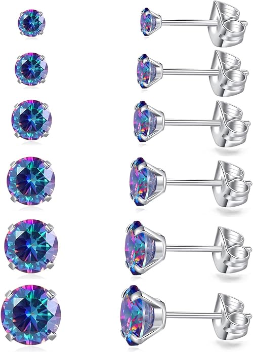 6 Pairs Stud Earrings Set, Hypoallergenic Cubic Zirconia Earrings 316L Stainless Steel CZ Earrings 3-8mm