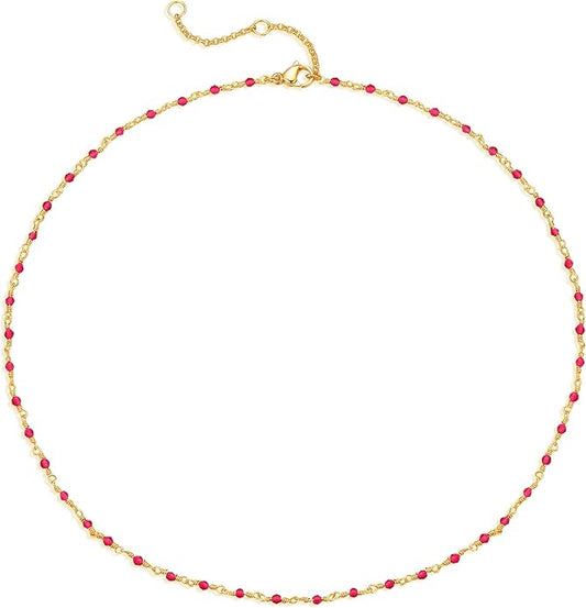 MTMY Beaded Necklaces for Women 14K Gold Plated Dainty Colorful Green/Rose Beaded Pearl Choker Necklace Delicate Boho Choker Necklace Jewelry Gift