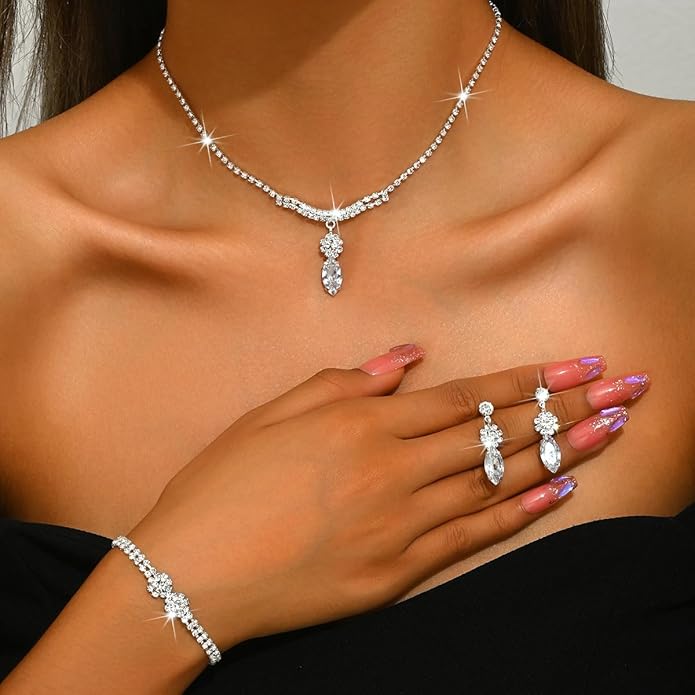 MIFYNN Rhinestone Wedding Set for Women Sparkle Crystal Earrings Necklace Bracelet Jewelry Set Wedding Party Prom Jewelry Set for Brides Bridesmaid