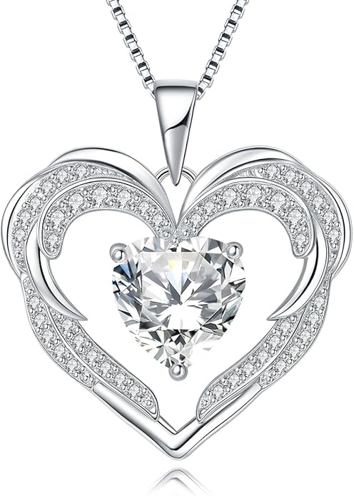 Heart Necklaces Valentine's Gift for Women, Birthstone 925 Sterling Silver Angel Wings Love Pendant Necklaces for Women, Jewelry Gifts for Wife, Anniversary, Mother's day