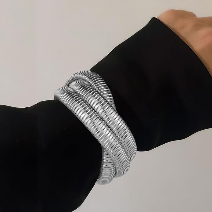Emibele Gold Bangles Bracelet Set for Women, 18K Gold Plated Chunky Stainless Steel Non Tarnish Stretch Bracelet Stack, Flexible Wide Wristband Bangle Layered Snake Chain Bracelets