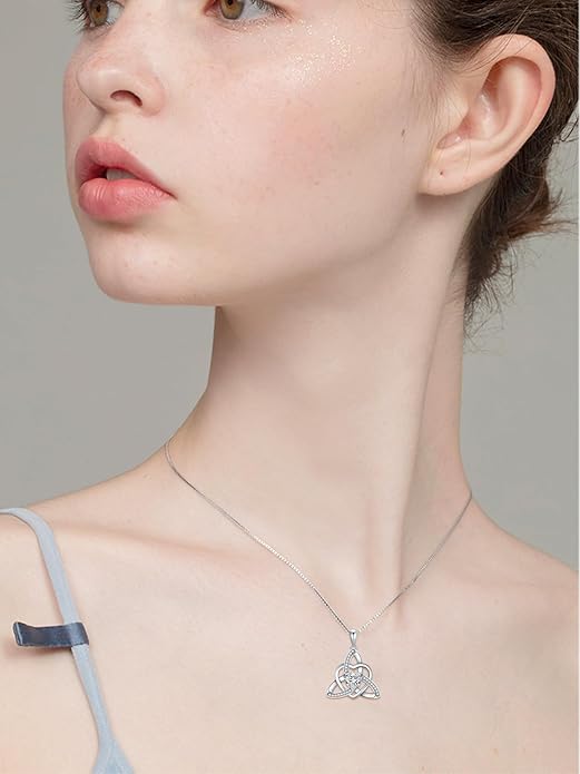 1CT Heart Moissanite Celtic Knot Necklace for Women, 925 Sterling Silver Diamond Trinity Knot Celtic Pendant Necklace Irish Jewelry, Birthday Christmas Valentines Day Gift for Her Wife Mom, 18+2 Inch
