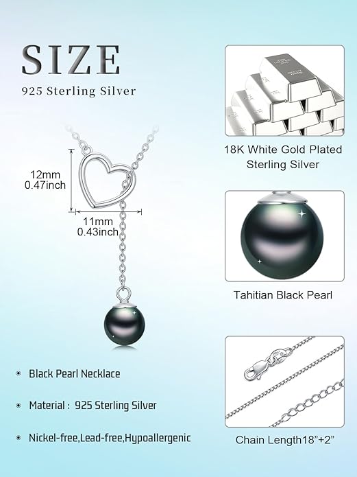 KANNSOAR Tahitian Black Pearl AAAA 18K White Gold Plated Sterling Silver Heart Pendant Y Necklace for Wedding Anniversary Birthday Graduation Jewelry Gift for Women Wife Mom Girlfriend