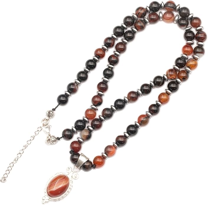 Natural Carnelian Agate Silver Pendant, Genuine Black Onyx Beaded Necklace, Gemstone Strong Necklace, 18x13 Cabachon, Fashion Dainty Jewelry, Healing Crystal Chakra Necklace, Minimalist Necklace