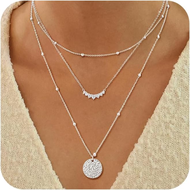 ASCOMY Gold Necklace for Women 14K Gold/Silver Plated Layered Necklaces Stackable Layering Cross Necklace Stacked Coin Pendant Pearl Herringbone Chain Stacking Gold Choker Trendy Jewelry Gift for Her