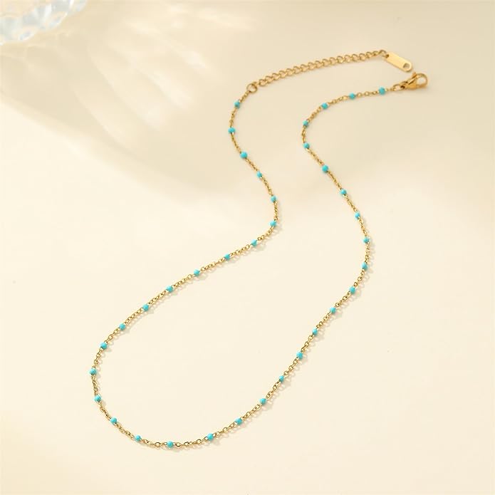 Gold Chain Necklace for Women Dainty 18K Gold Plated Thin Satellite Beaded Turquoise Necklace Simple Gold Boho Jewelry