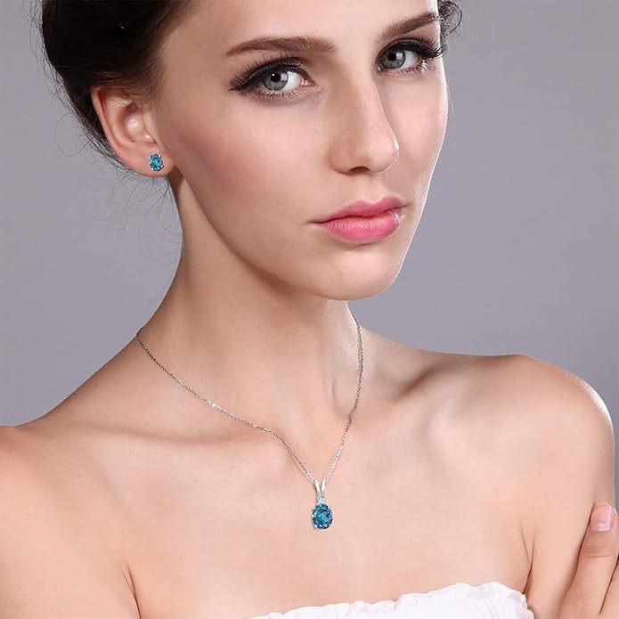Gem Stone King 3.15 Cttw London Blue Topaz Pendant and Earrings Jewelry Set For Women | 925 Sterling Silver | Gemstone Birthstone | With 18 Inch Silver Chain