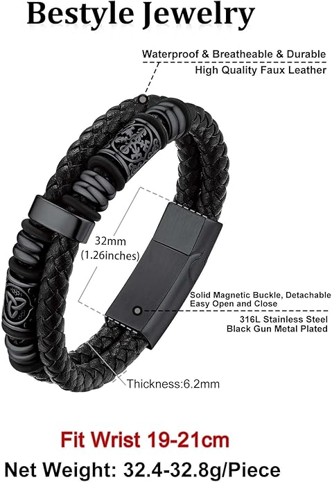 Bestyle Genuine Men Leather Bracelets Fashion Stainless Steel Celtic/Sport Ball Bead Cuff Wirstband Bracelets for Men, Size 7.5/8.3/9.1Inch