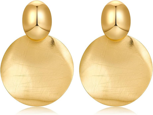 FAMARINE Big Disc Drop Earrings Gold Dangle Earrings Round Hammered Earrings Women