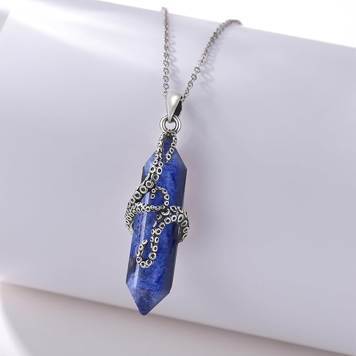 OHAYOO Octopus Tentacles Necklace 925 Sterling Silver Octopus Pendent Necklace Wrapped Obsidian Octopus Jewelry Gifts for Women