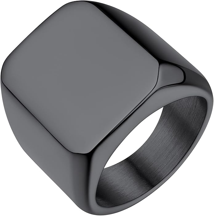 Bestyle Stainless Steel Signet Ring for Men Women in Gold/Black/Silver/Vintage Gray Tone, Chunky Thick Heavy Dome Band Ring Cool Finger Ring, Gift for Dad Husband, Size 7-14 Customizable
